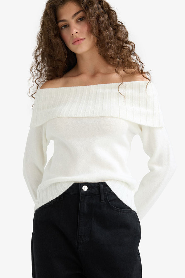 Slim Fit Slim Cut Open Shoulder Knitwear Sweater
