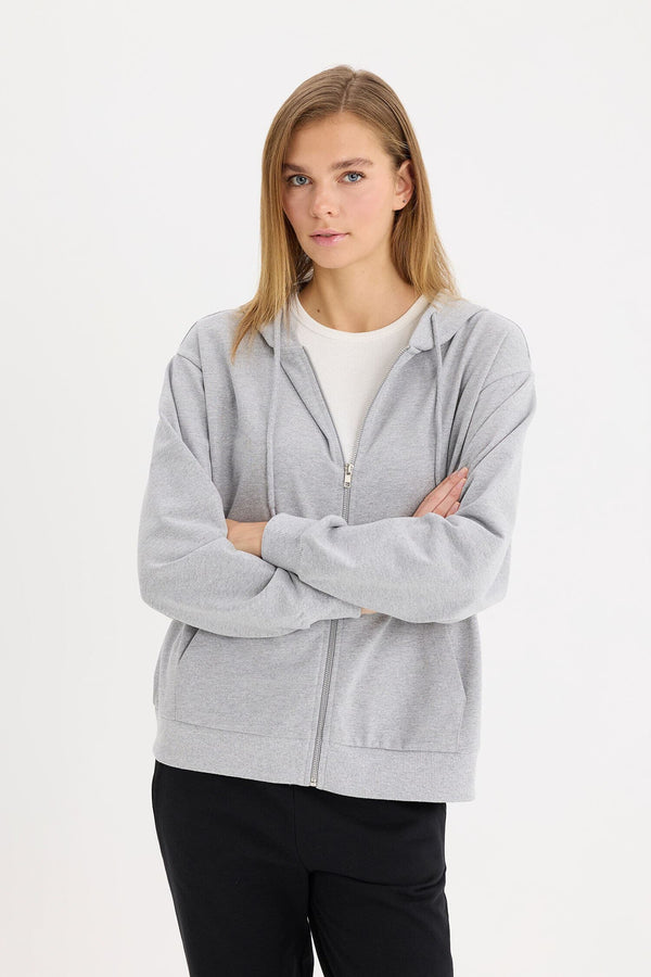 Relax Fit Hooded Basic Thin Sweatshirt Fabric Cardigan