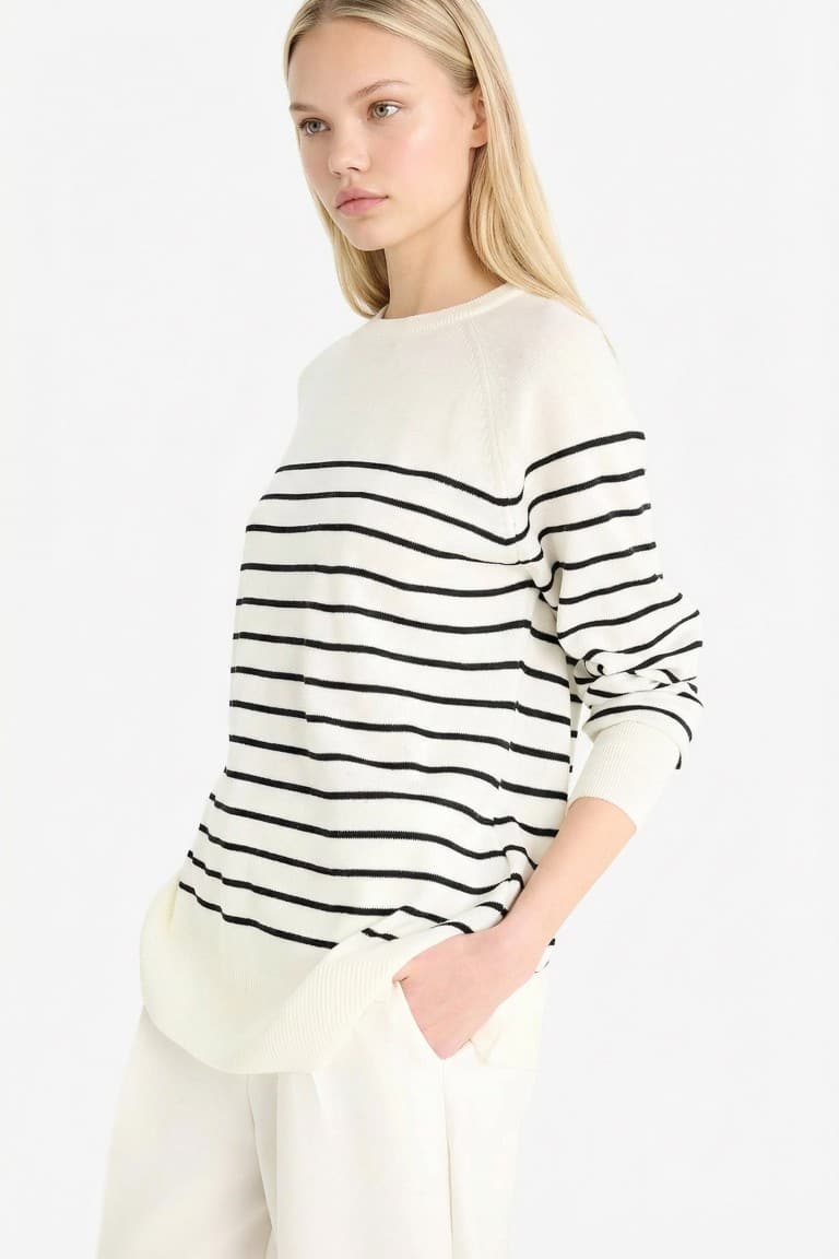 Regular Fit Crew Neck Striped Knit Sweater