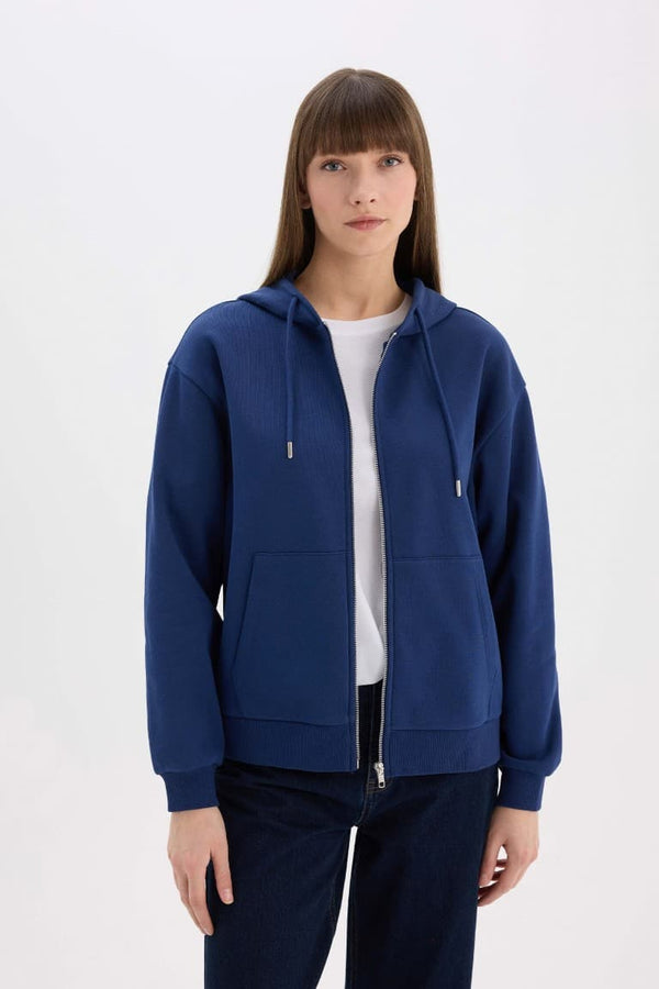 Relax Fit Hooded Basic Plain Thick Zippered Sweatshirt