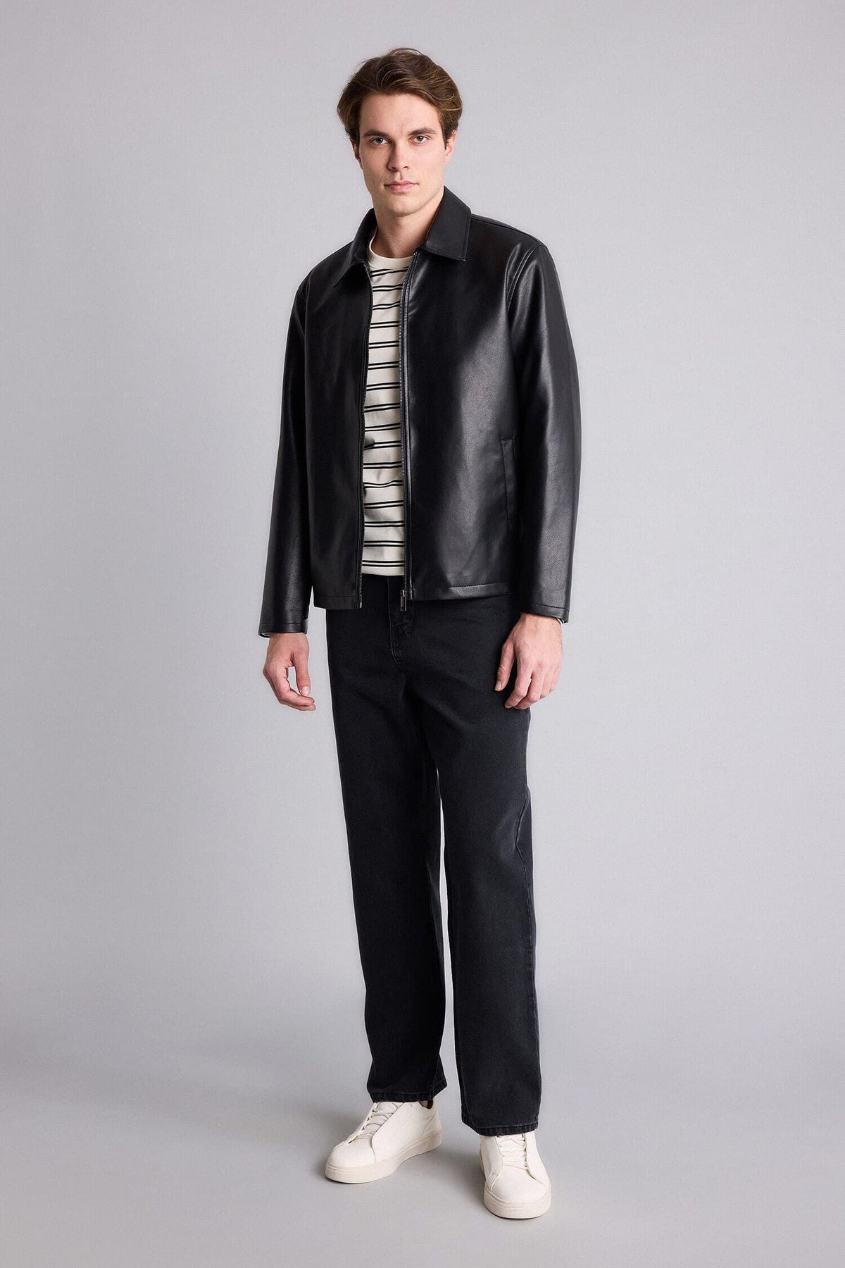 Regular Fit Shirt Collar Pocket Zippered Seasonal Faux Leather Jacket Coat with Inner Pocket Detail