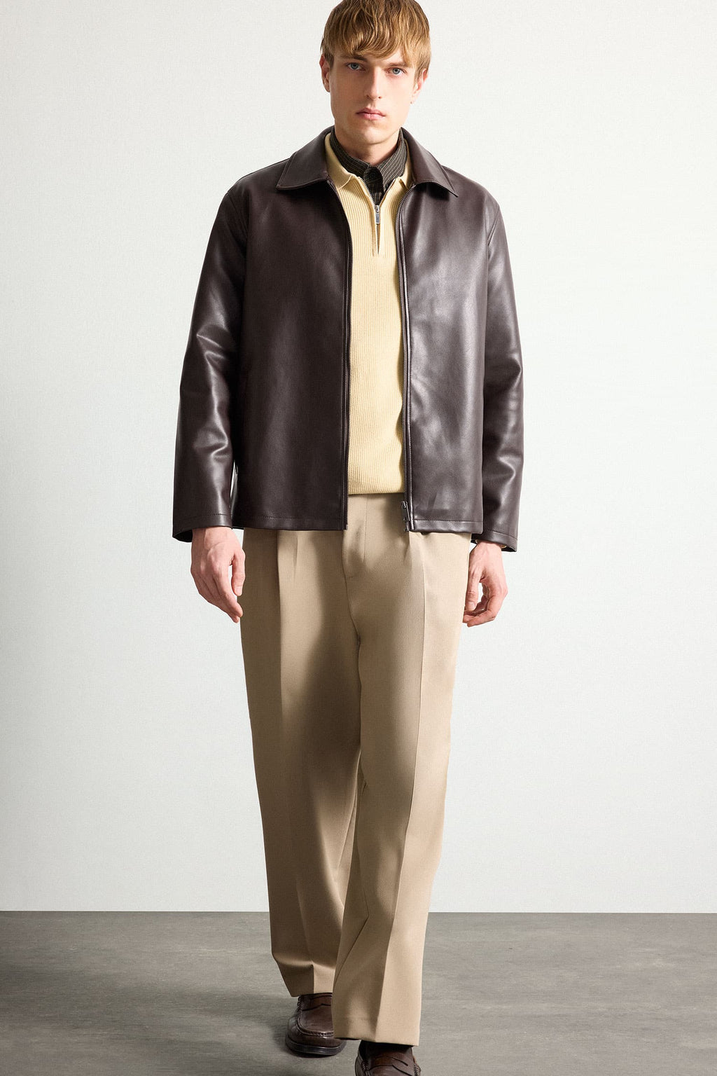 Regular Fit Shirt Collar Pocket Zippered Seasonal Faux Leather Jacket Coat with Inner Pocket Detail
