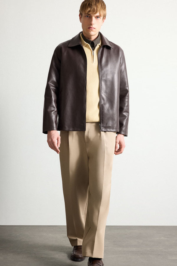 Regular Fit Shirt Collar Pocket Zippered Seasonal Faux Leather Jacket Coat with Inner Pocket Detail
