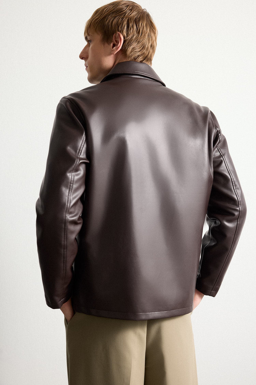 Regular Fit Shirt Collar Pocket Zippered Seasonal Faux Leather Jacket Coat with Inner Pocket Detail