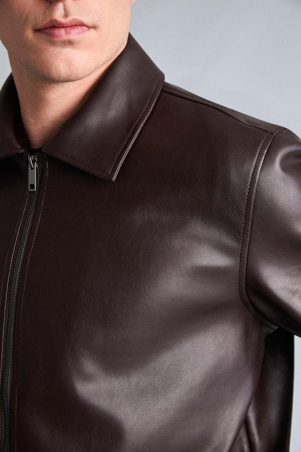 Regular Fit Shirt Collar Pocket Zippered Seasonal Faux Leather Jacket Coat with Inner Pocket Detail