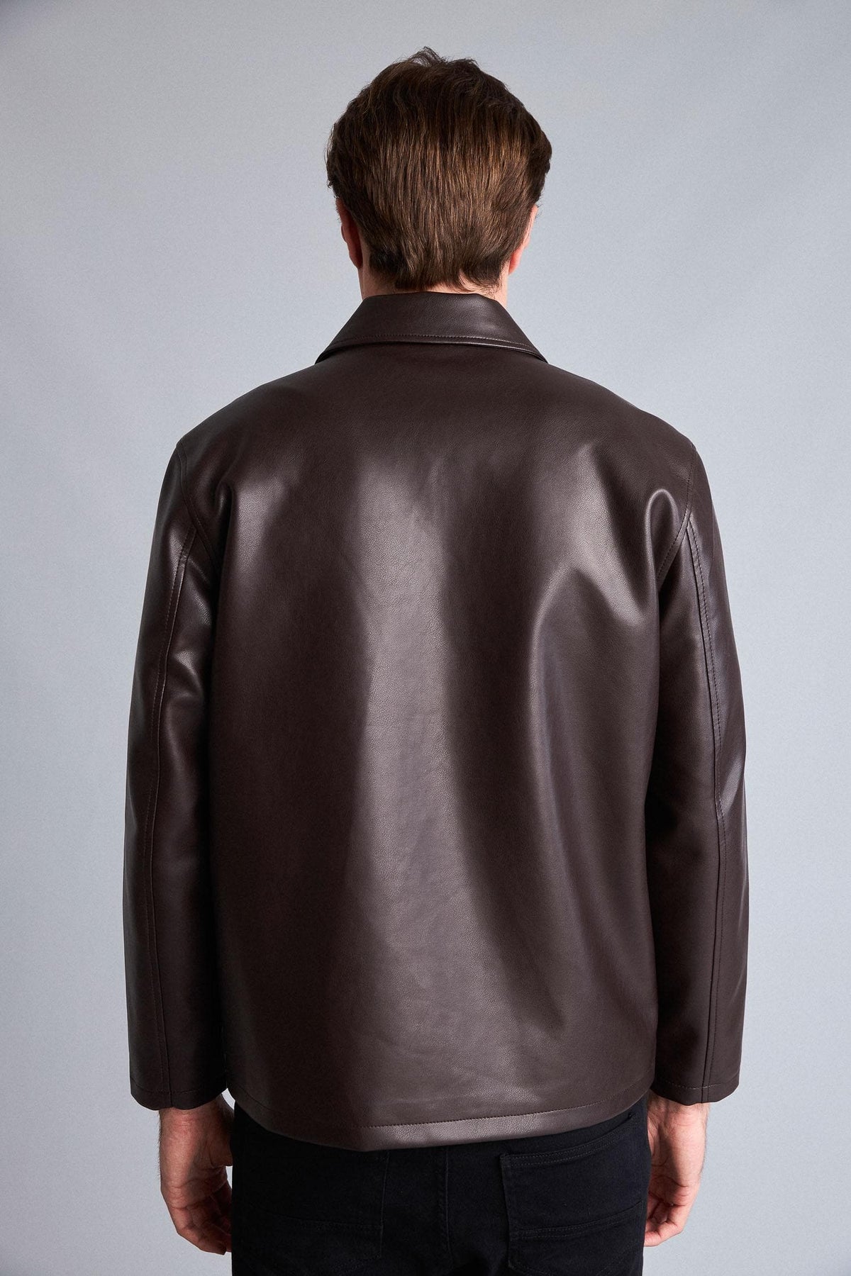 Regular Fit Shirt Collar Pocket Zippered Seasonal Faux Leather Jacket Coat with Inner Pocket Detail