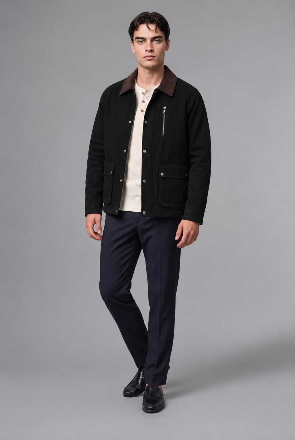 Regular Fit Polo Collar Pocketed Velvet Collar Zipper Lined Coat