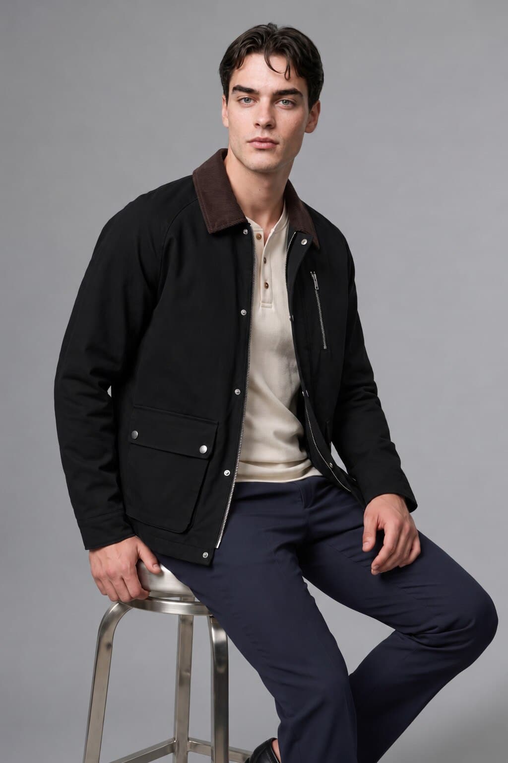 Regular Fit Polo Collar Pocketed Velvet Collar Zipper Lined Coat