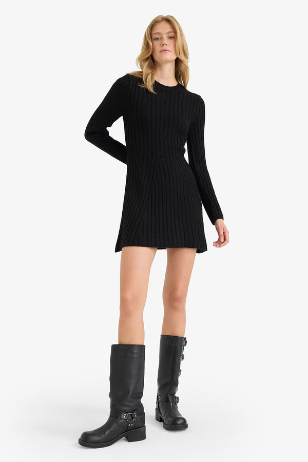 Crew Neck Rib Long Sleeve Mini Dress