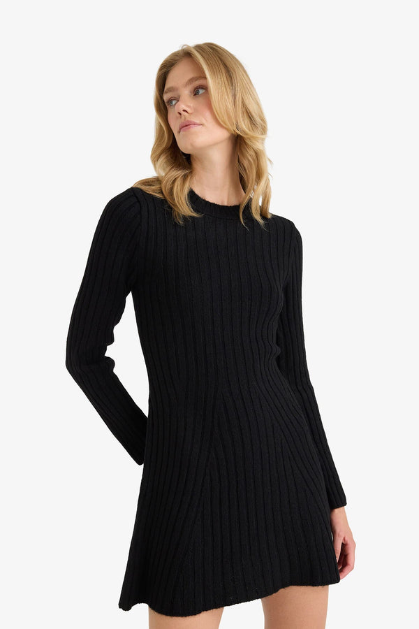 Crew Neck Rib Long Sleeve Mini Dress