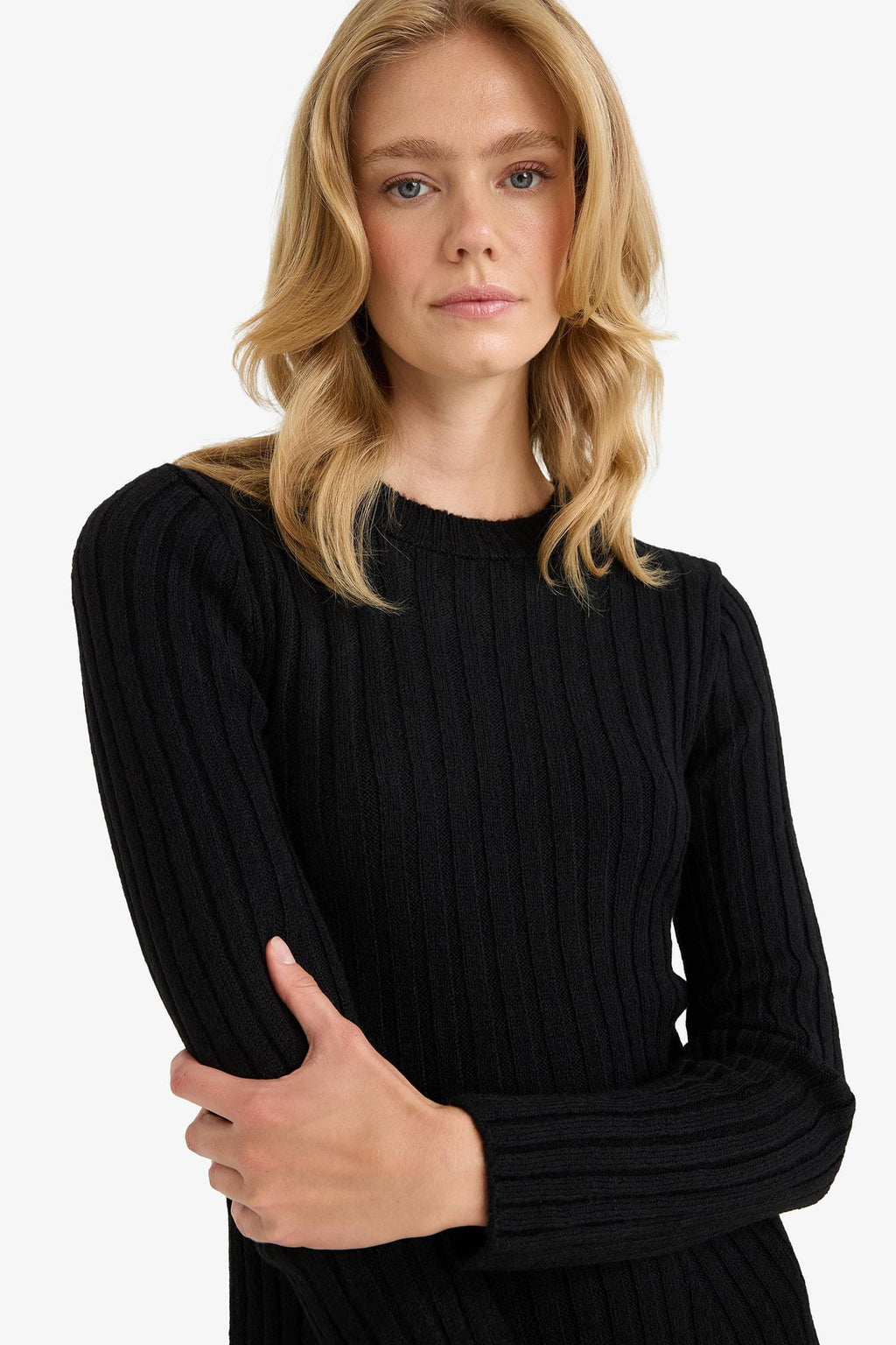 Crew Neck Rib Long Sleeve Mini Dress