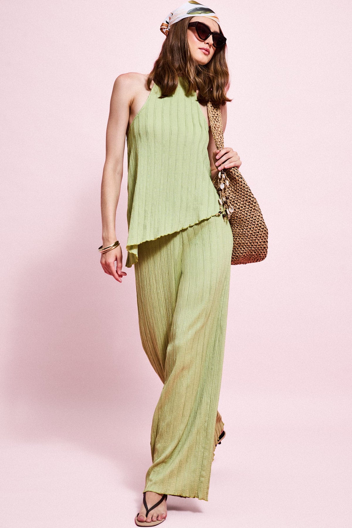Wıde Leg Crinkle Textured Ecru Trousers Main image