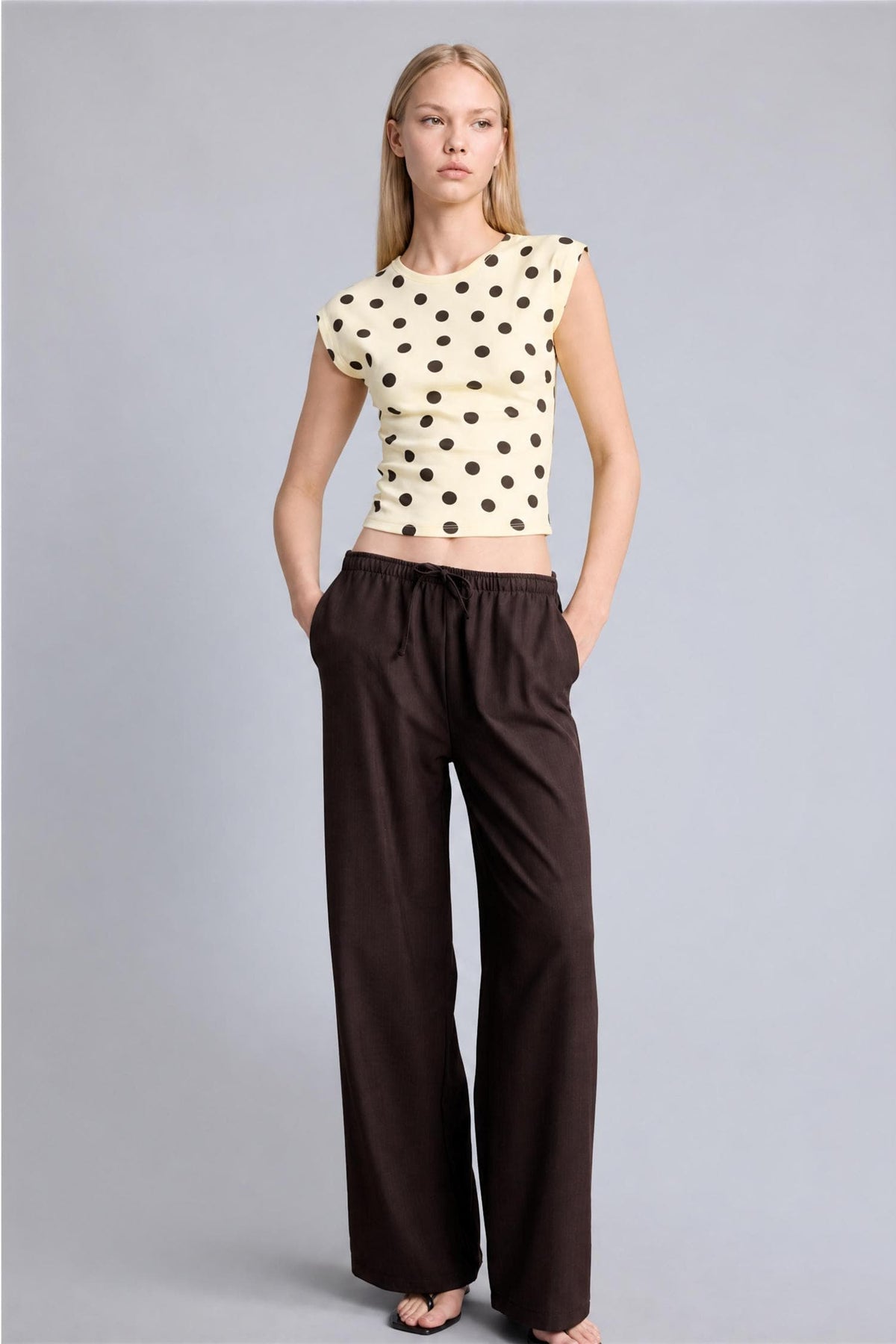 Cool Wide Leg Regular Waist Trousers with Tie Waist