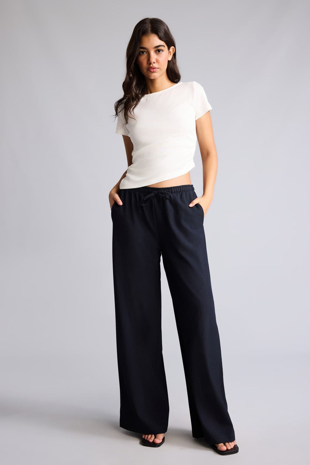Cool Wide Leg Regular Waist Trousers with Tie Waist