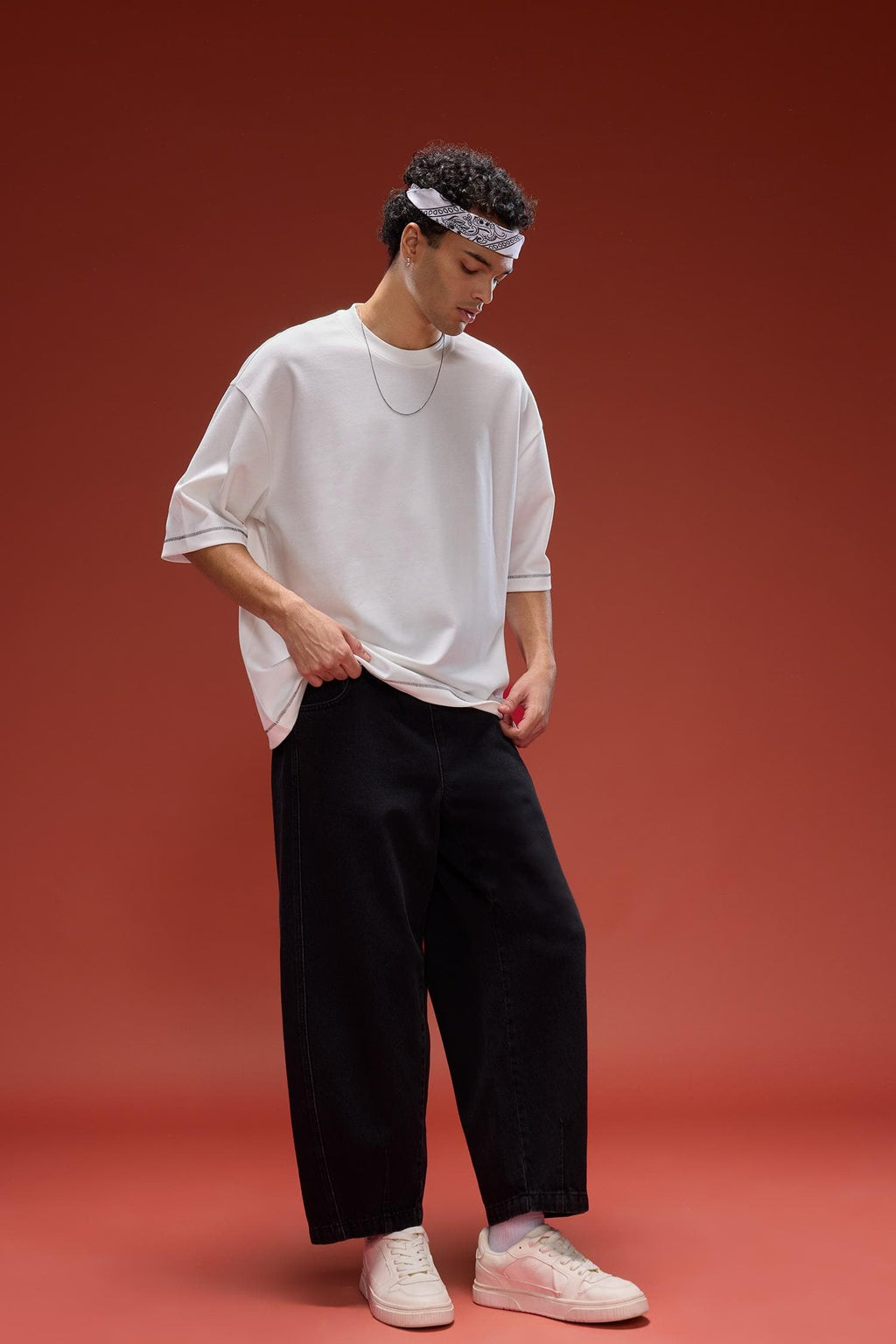 100% Cotton Barrel Fit Elastic Waist Tie-Down Wide Leg Jean Washed Trousers