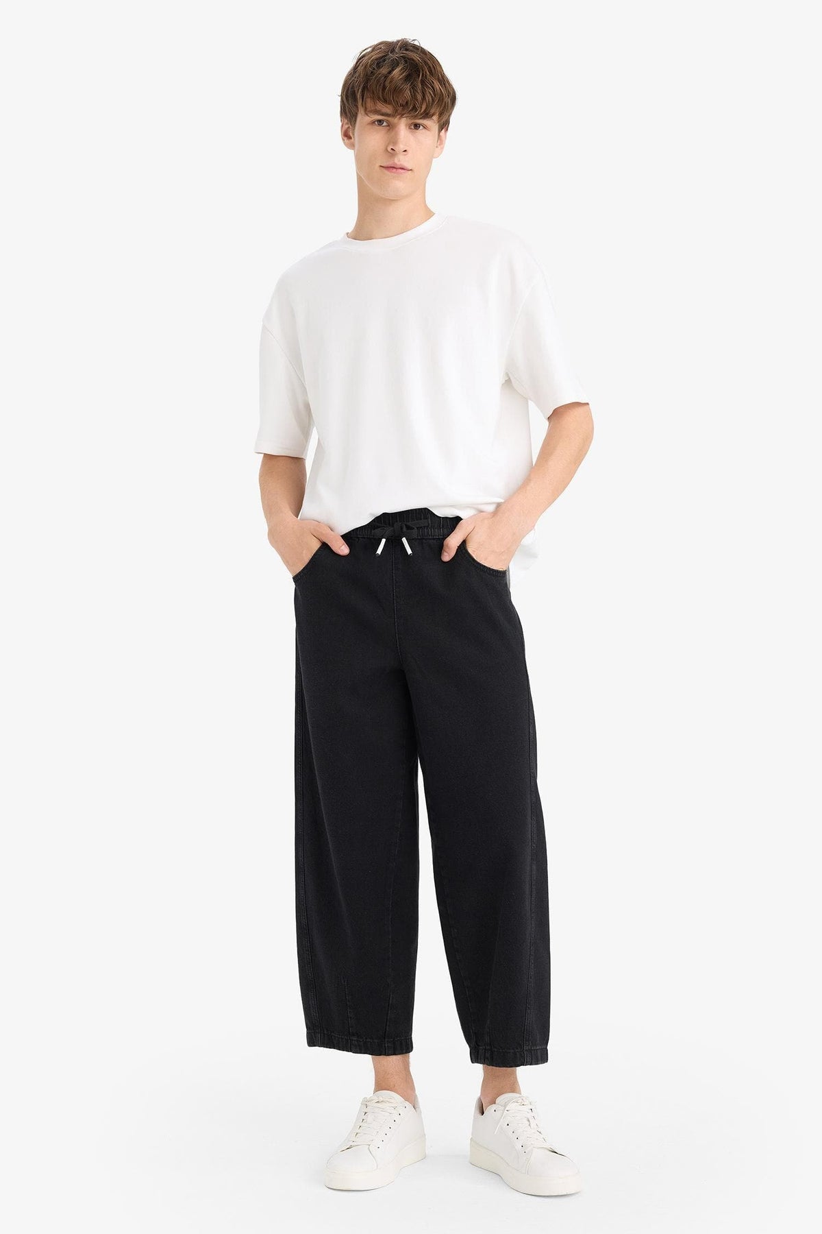 100% Cotton Barrel Fit Elastic Waist Tie-Down Wide Leg Jean Washed Trousers