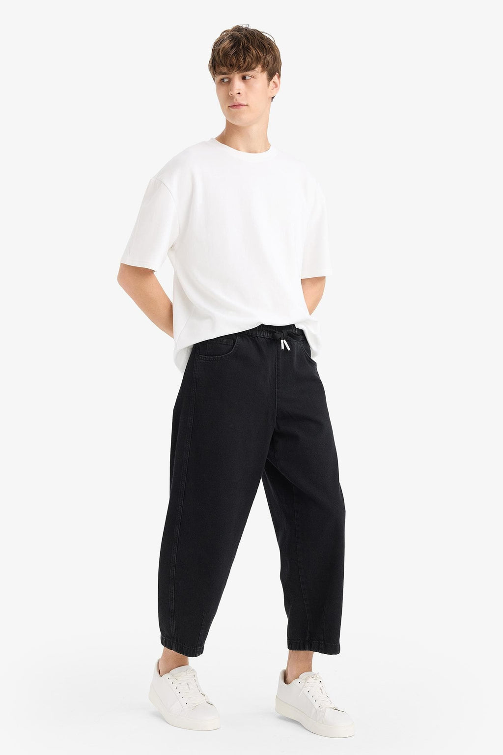 100% Cotton Barrel Fit Elastic Waist Tie-Down Wide Leg Jean Washed Trousers