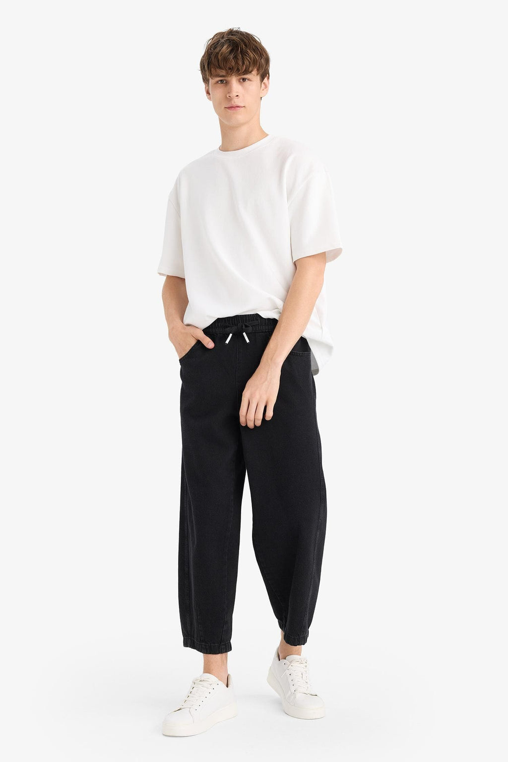 100% Cotton Barrel Fit Elastic Waist Tie-Down Wide Leg Jean Washed Trousers