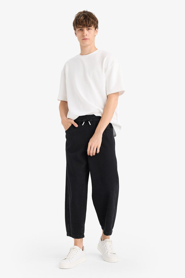 100% Cotton Barrel Fit Elastic Waist Tie-Down Wide Leg Jean Washed Trousers