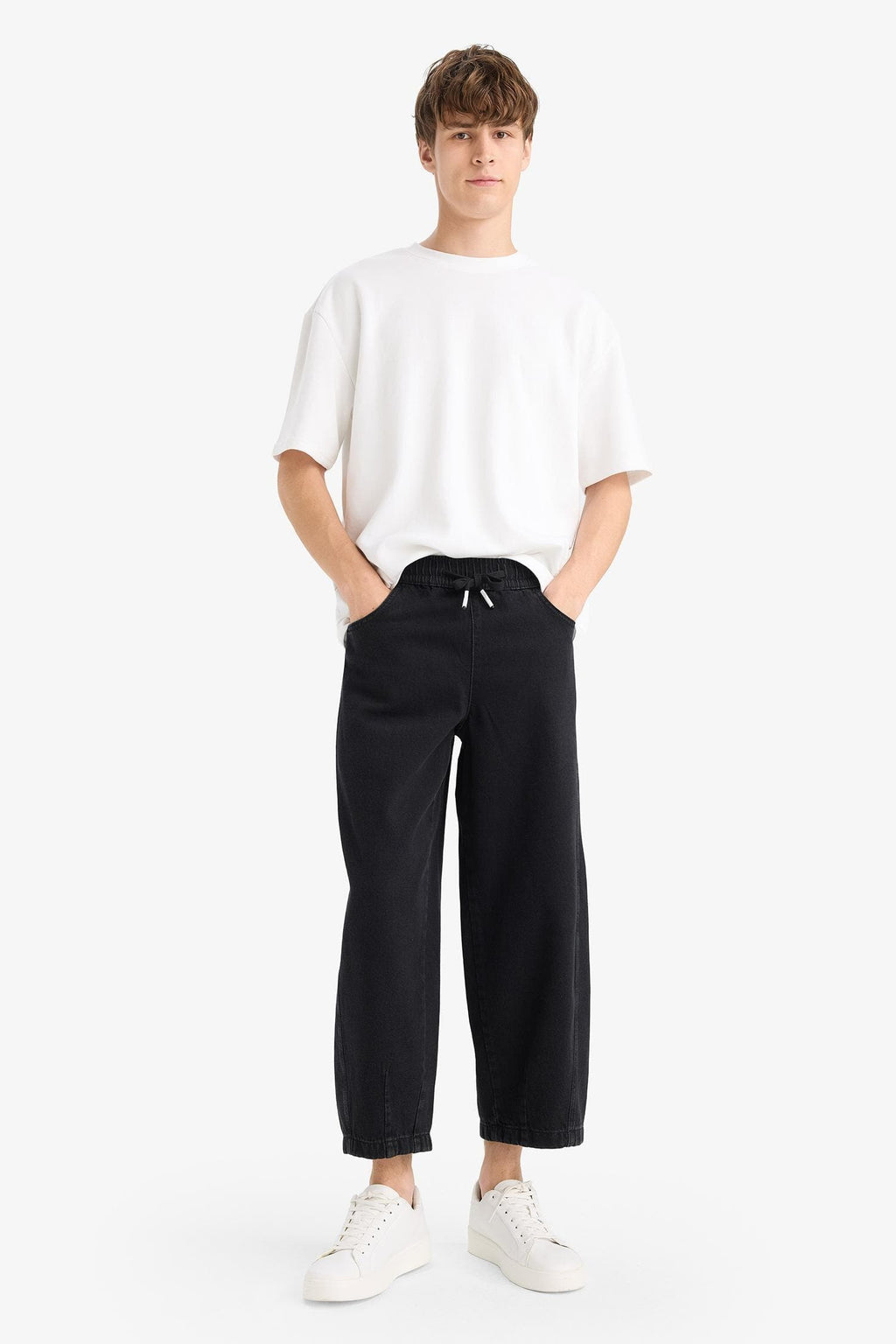 100% Cotton Barrel Fit Elastic Waist Tie-Down Wide Leg Jean Washed Trousers