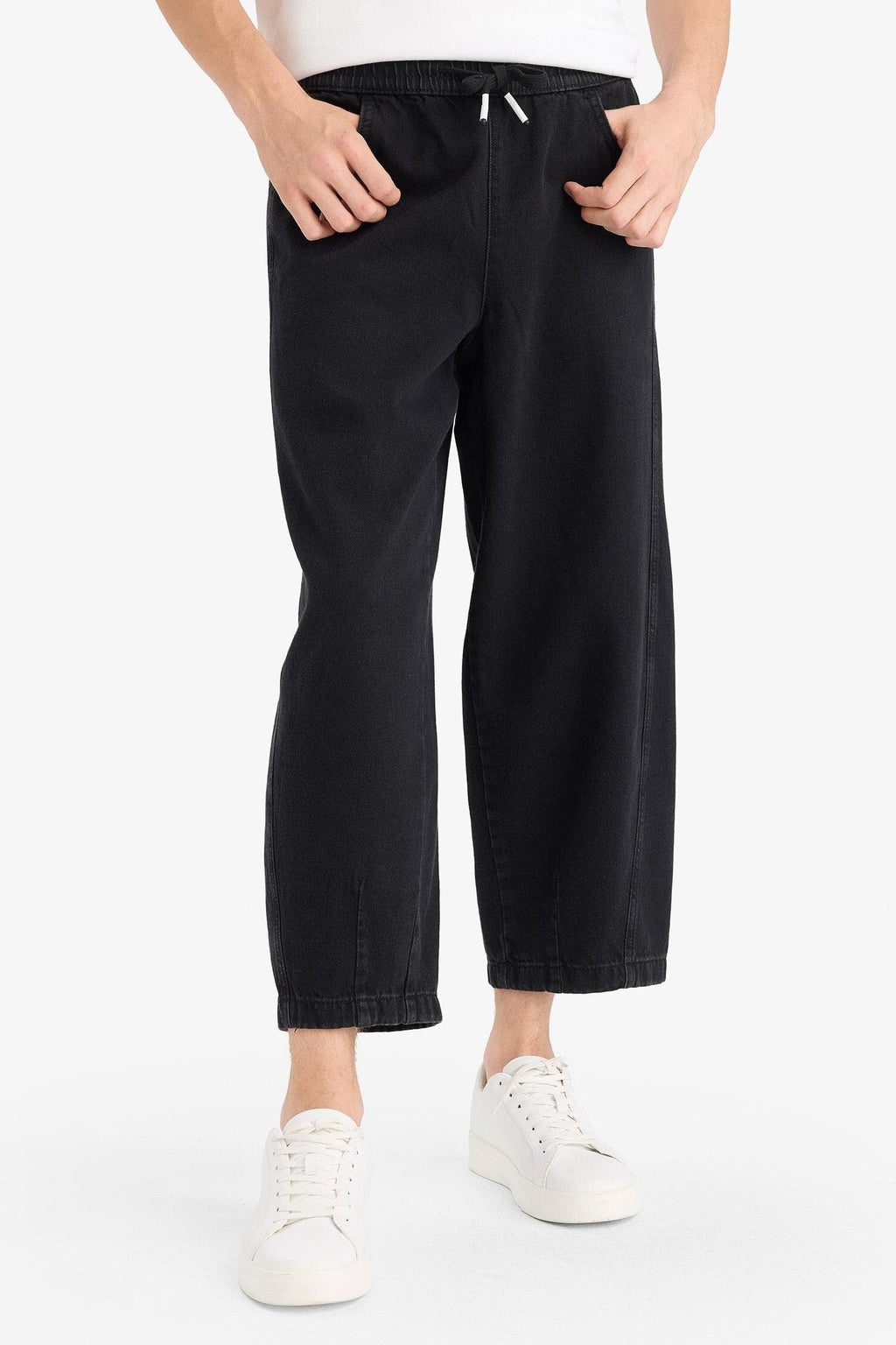 100% Cotton Barrel Fit Elastic Waist Tie-Down Wide Leg Jean Washed Trousers