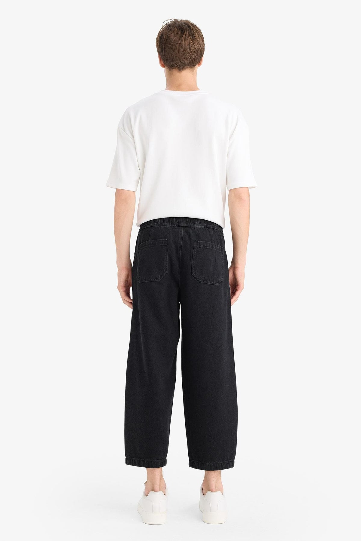 100% Cotton Barrel Fit Elastic Waist Tie-Down Wide Leg Jean Washed Trousers