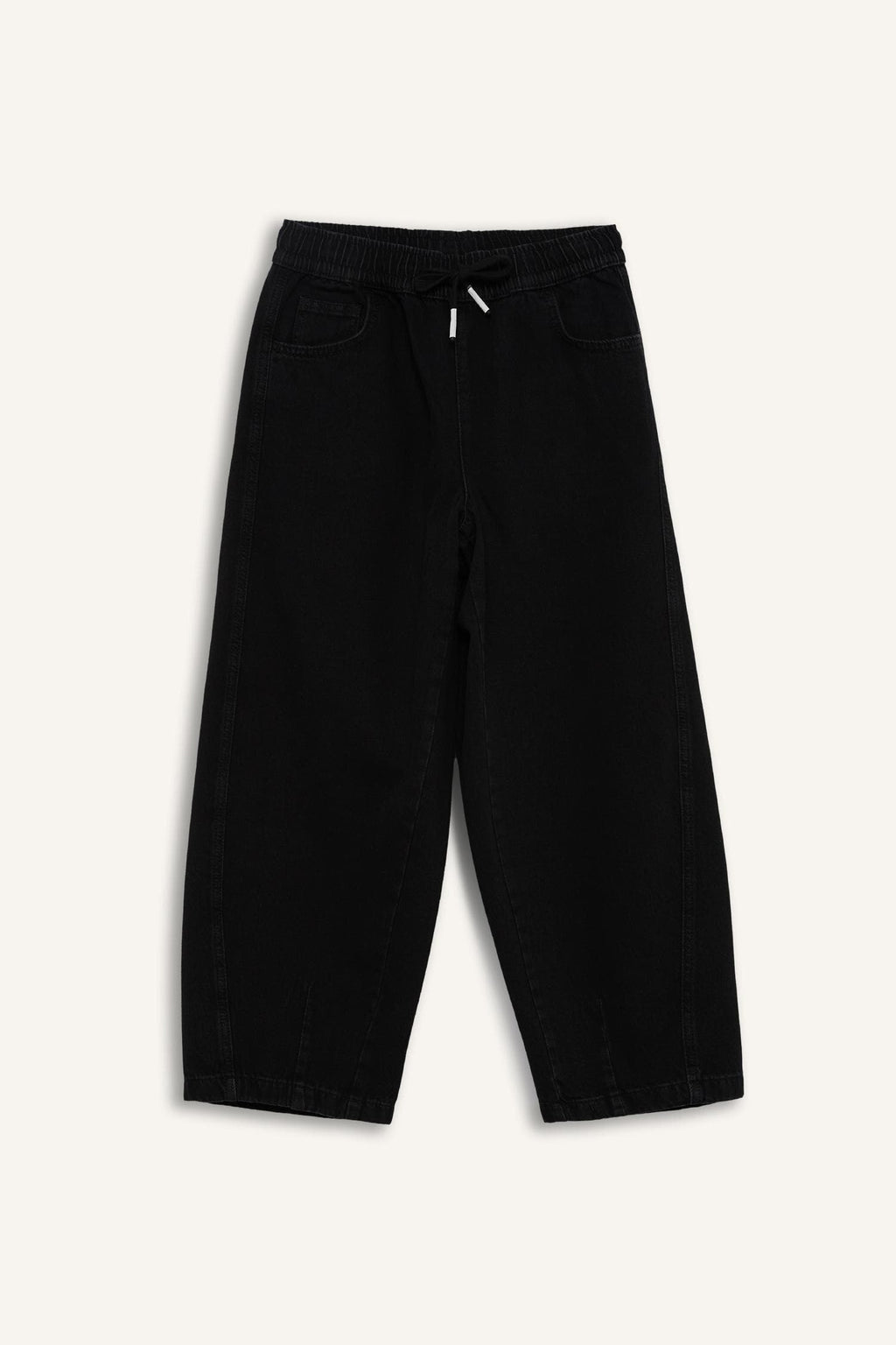 100% Cotton Barrel Fit Elastic Waist Tie-Down Wide Leg Jean Washed Trousers