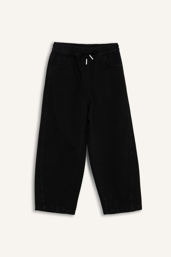 100% Cotton Barrel Fit Elastic Waist Tie-Down Wide Leg Jean Washed Trousers