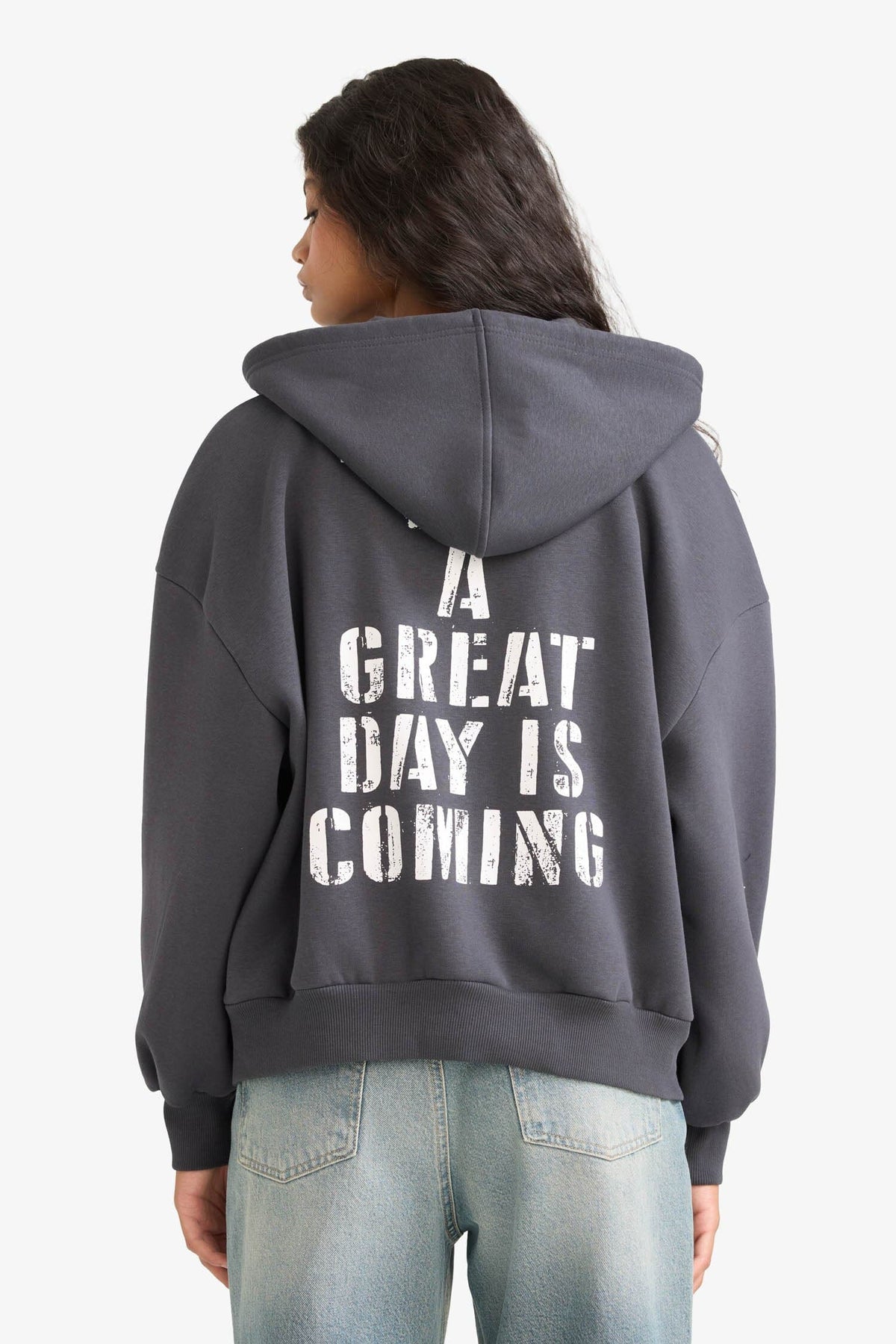 Oversize Wide Fit Hooded Sweatshirt with Back Print and Zip-Up Closure Main image