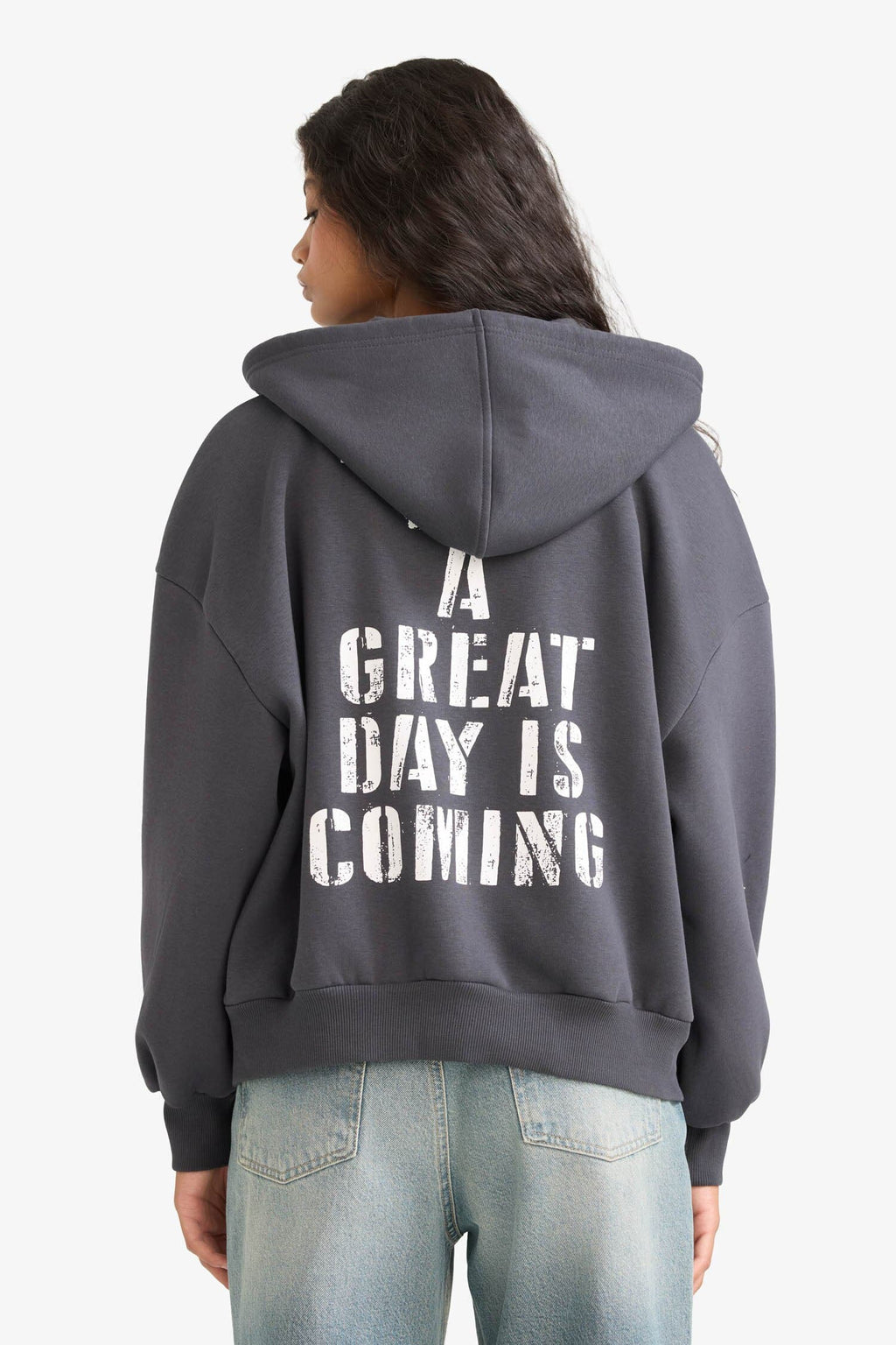 Oversize Wide Fit Hooded Sweatshirt with Back Print and Zip-Up Closure