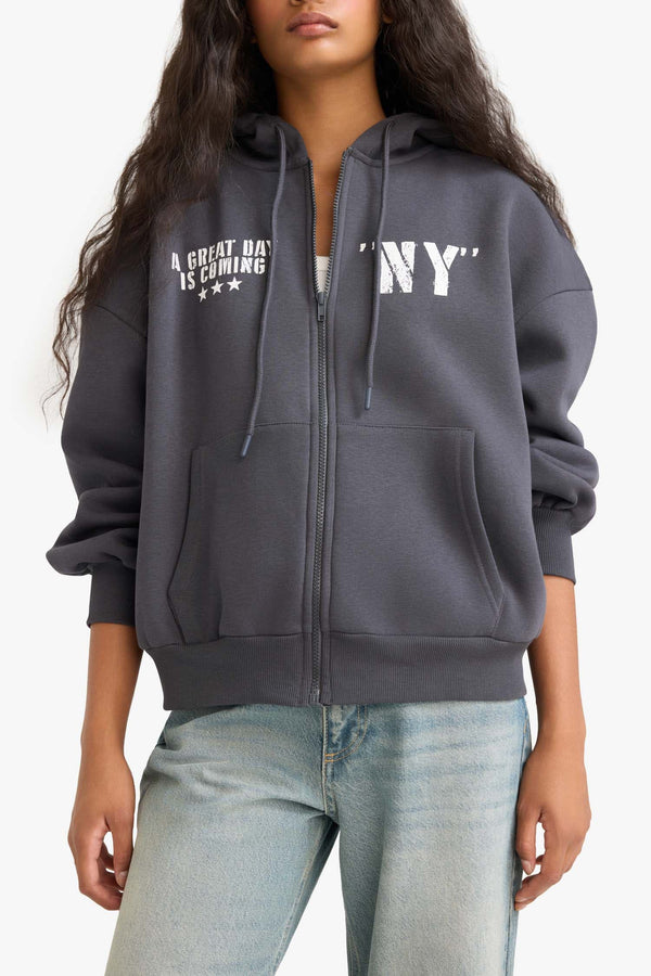Oversize Wide Fit Hooded Sweatshirt with Back Print and Zip-Up Closure