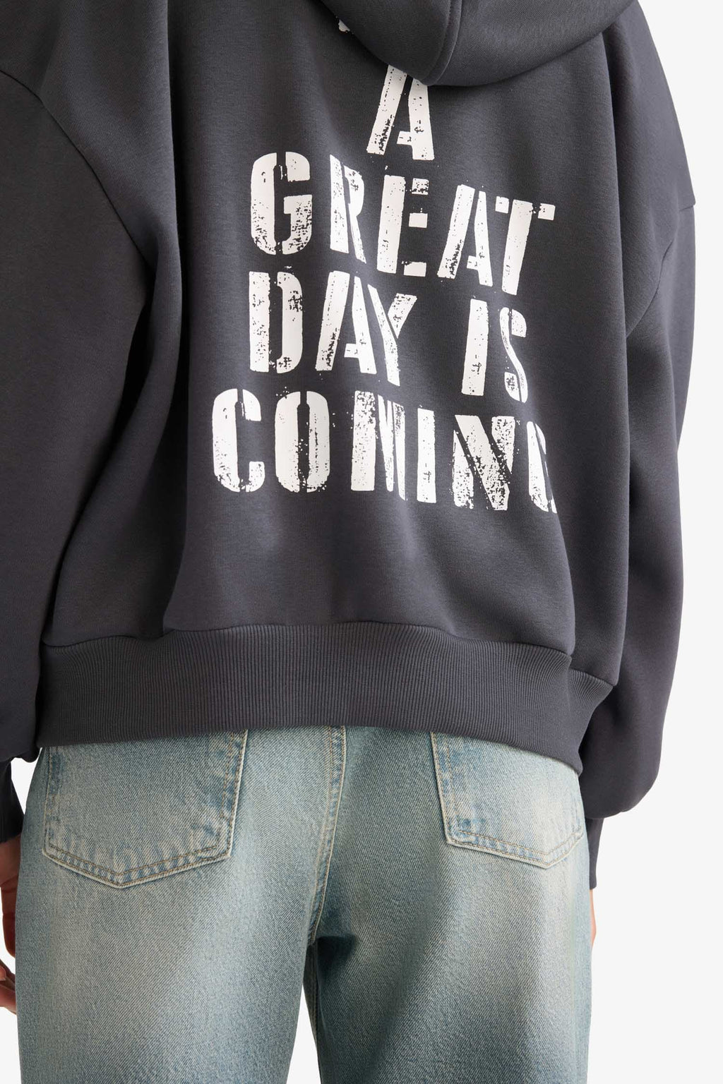 Oversize Wide Fit Hooded Sweatshirt with Back Print and Zip-Up Closure