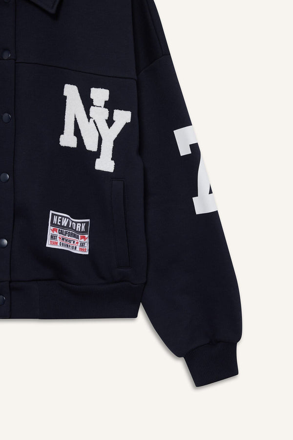 Polo Collar Printed Snap-On Bomber Jacket