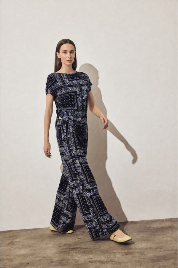 Wide Leg Pocket Detailed Wide Leg Linen Blend Patterned Trousers