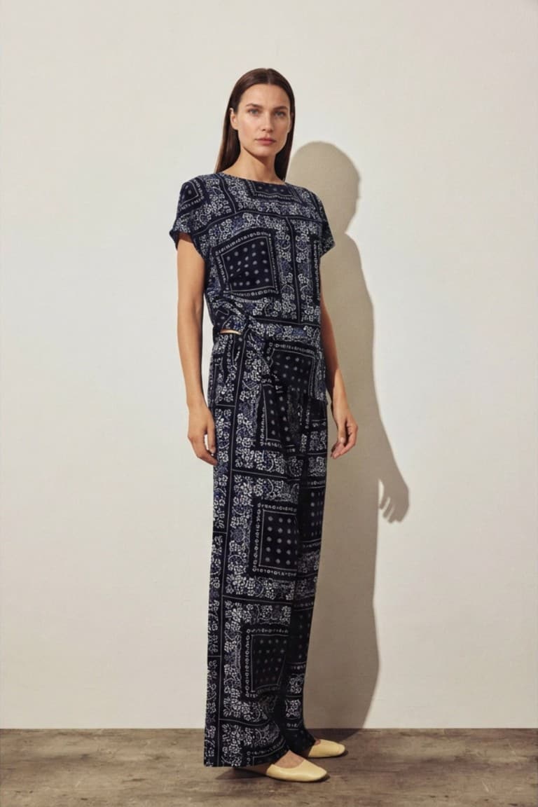 Wide Leg Pocket Detailed Wide Leg Linen Blend Patterned Trousers Secondary image