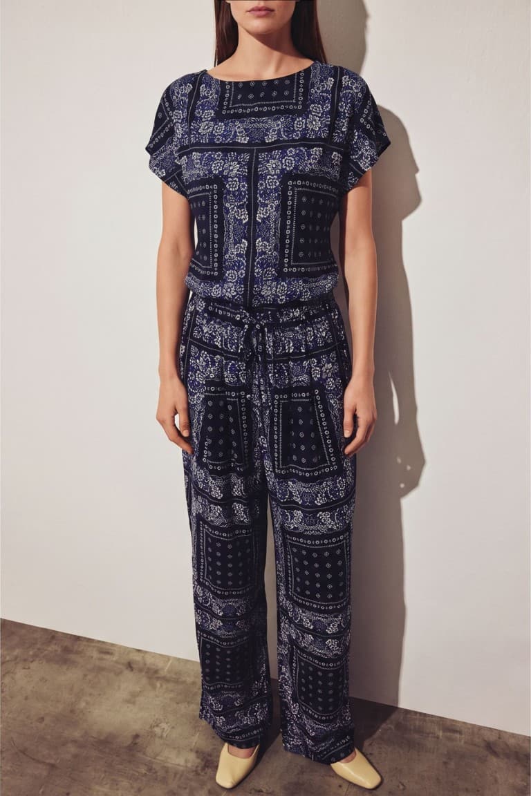 Wide Leg Pocket Detailed Wide Leg Linen Blend Patterned Trousers