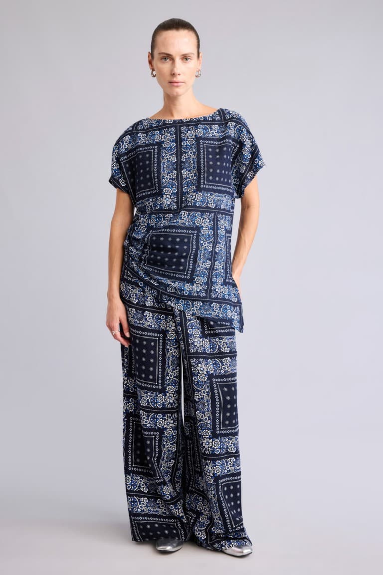 Wide Leg Pocket Detailed Wide Leg Linen Blend Patterned Trousers