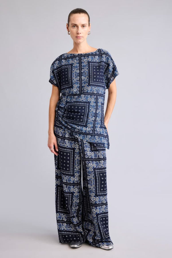 Wide Leg Pocket Detailed Wide Leg Linen Blend Patterned Trousers