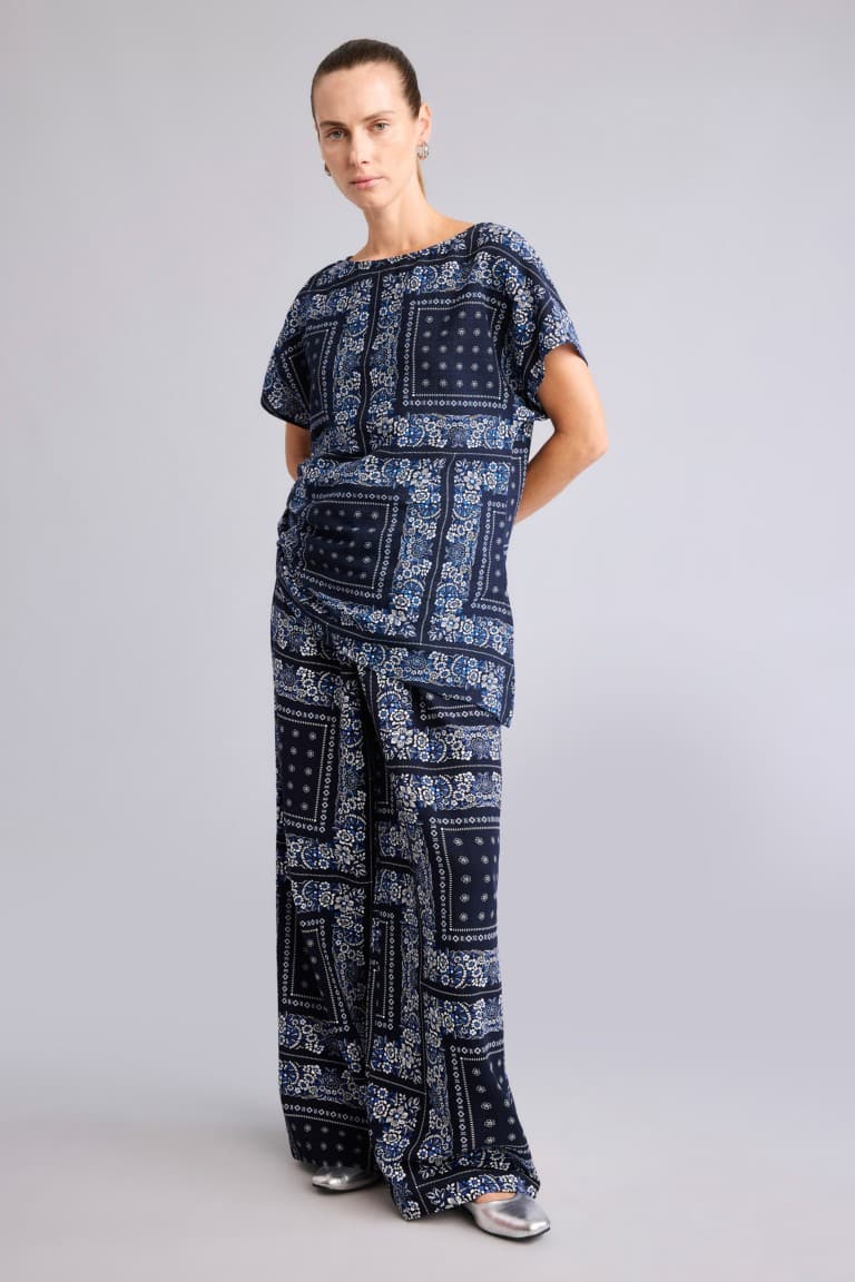 Wide Leg Pocket Detailed Wide Leg Linen Blend Patterned Trousers