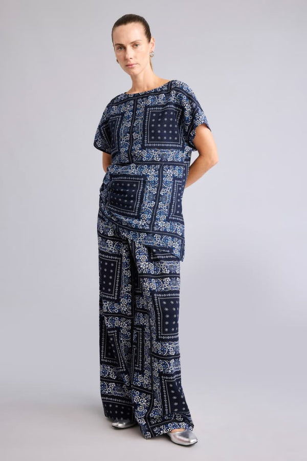 Wide Leg Pocket Detailed Wide Leg Linen Blend Patterned Trousers