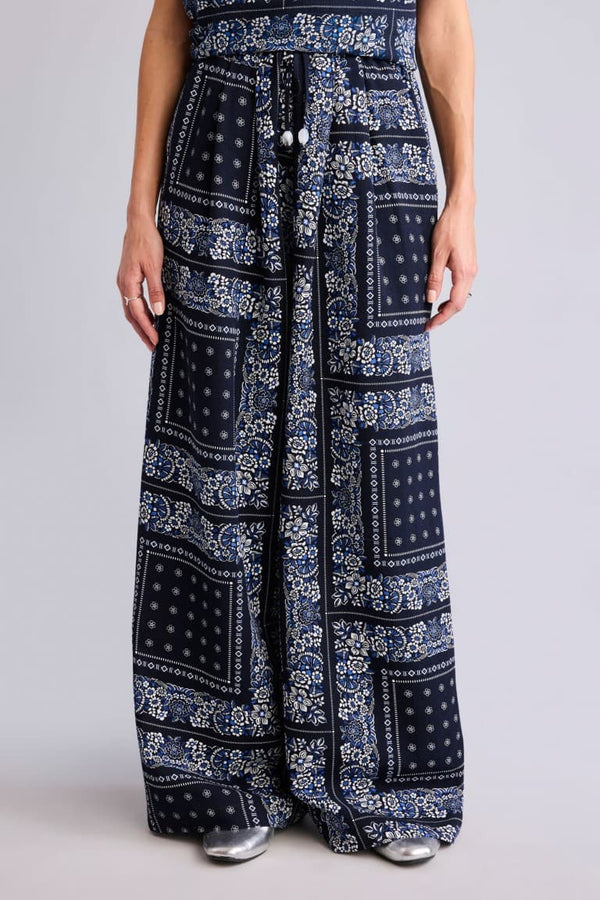 Wide Leg Pocket Detailed Wide Leg Linen Blend Patterned Trousers