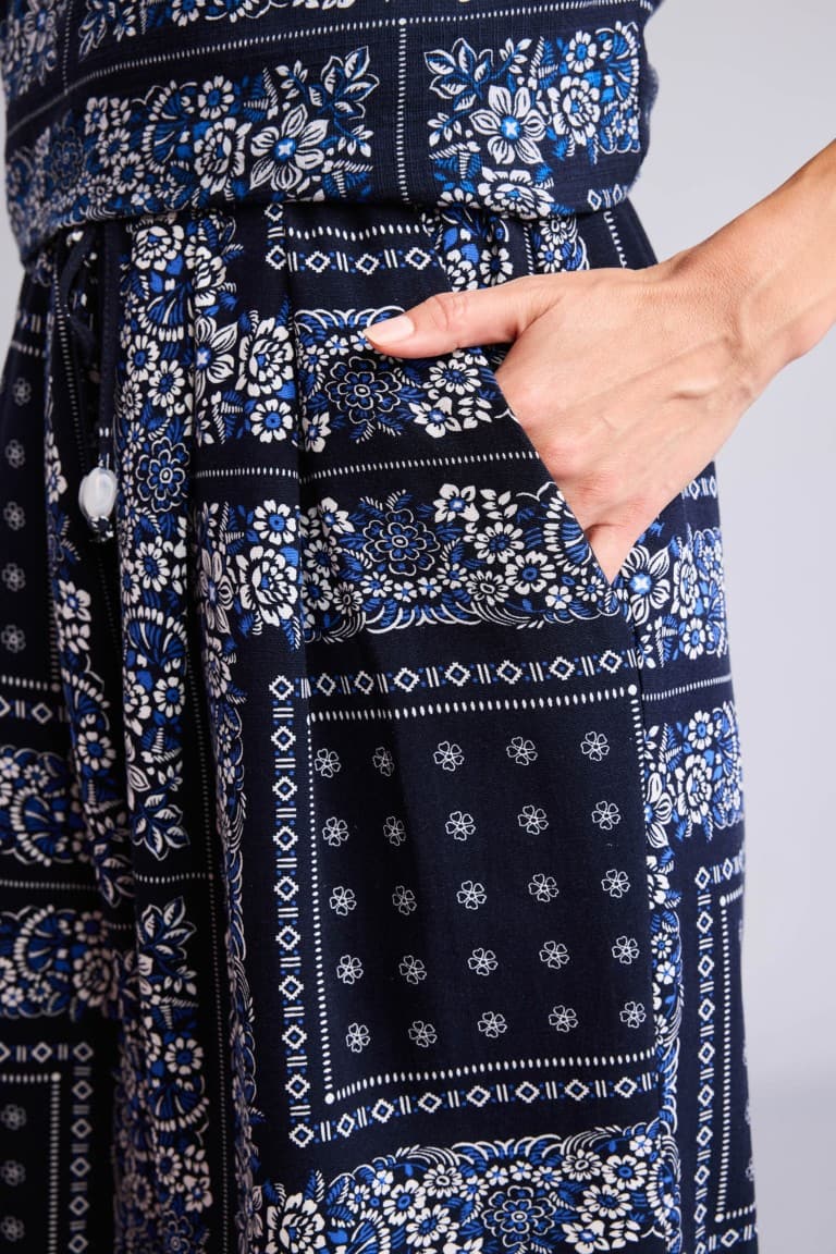 Wide Leg Pocket Detailed Wide Leg Linen Blend Patterned Trousers