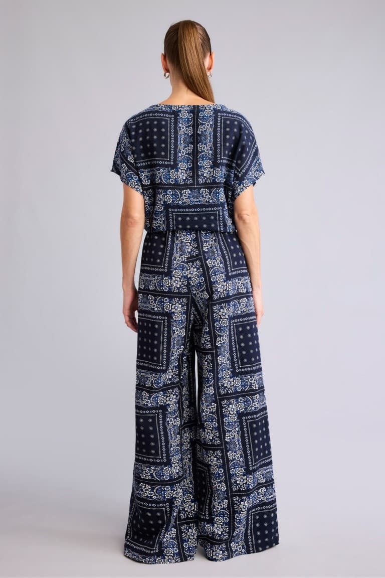Wide Leg Pocket Detailed Wide Leg Linen Blend Patterned Trousers
