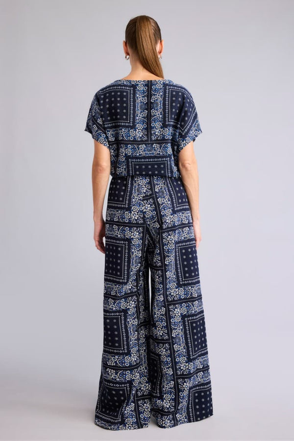 Wide Leg Pocket Detailed Wide Leg Linen Blend Patterned Trousers