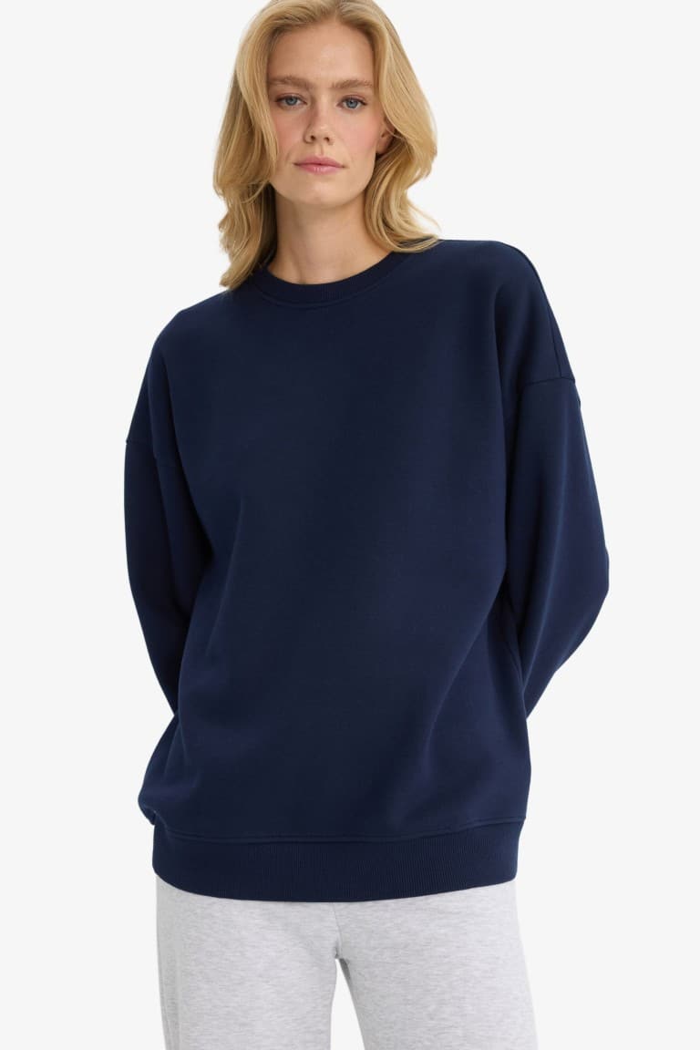 Oversize Wide Pattern Crew Neck Basic Plain Thick Sweatshirt