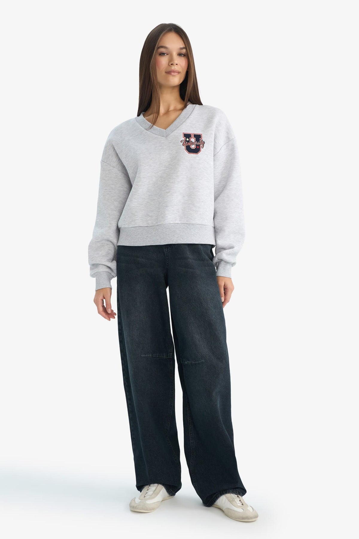 Loose Fit V-Neck Embroidered Sweatshirt