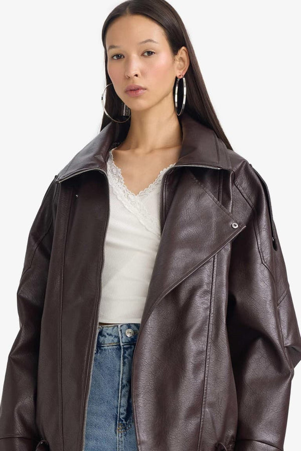 Waterproof Relax Fit Faux Leather Jacket