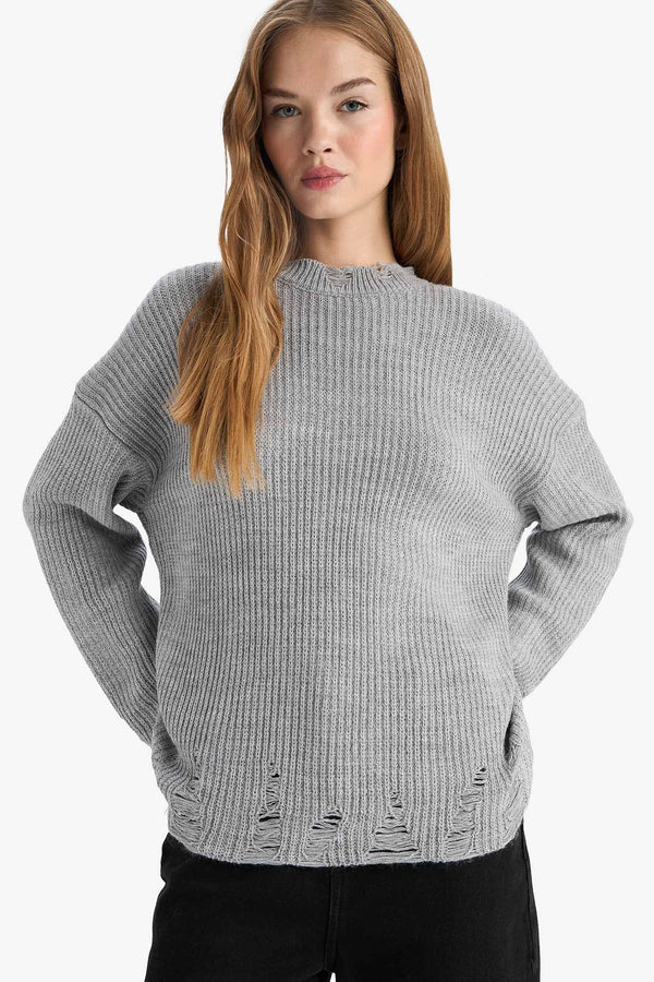 Oversize Wide Pattern Crew Neck Sweater