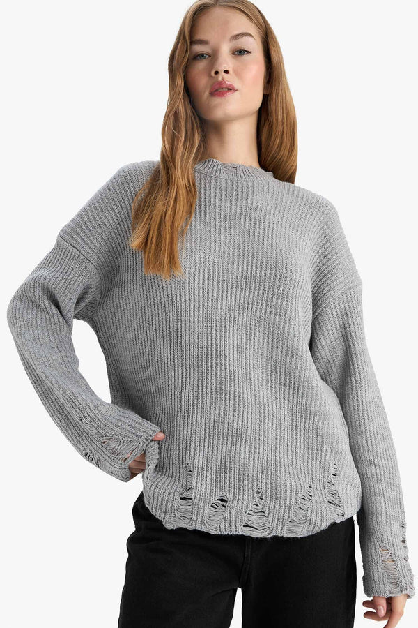 Oversize Wide Pattern Crew Neck Sweater