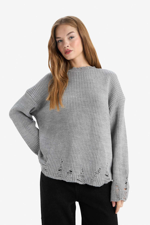 Oversize Wide Pattern Crew Neck Sweater